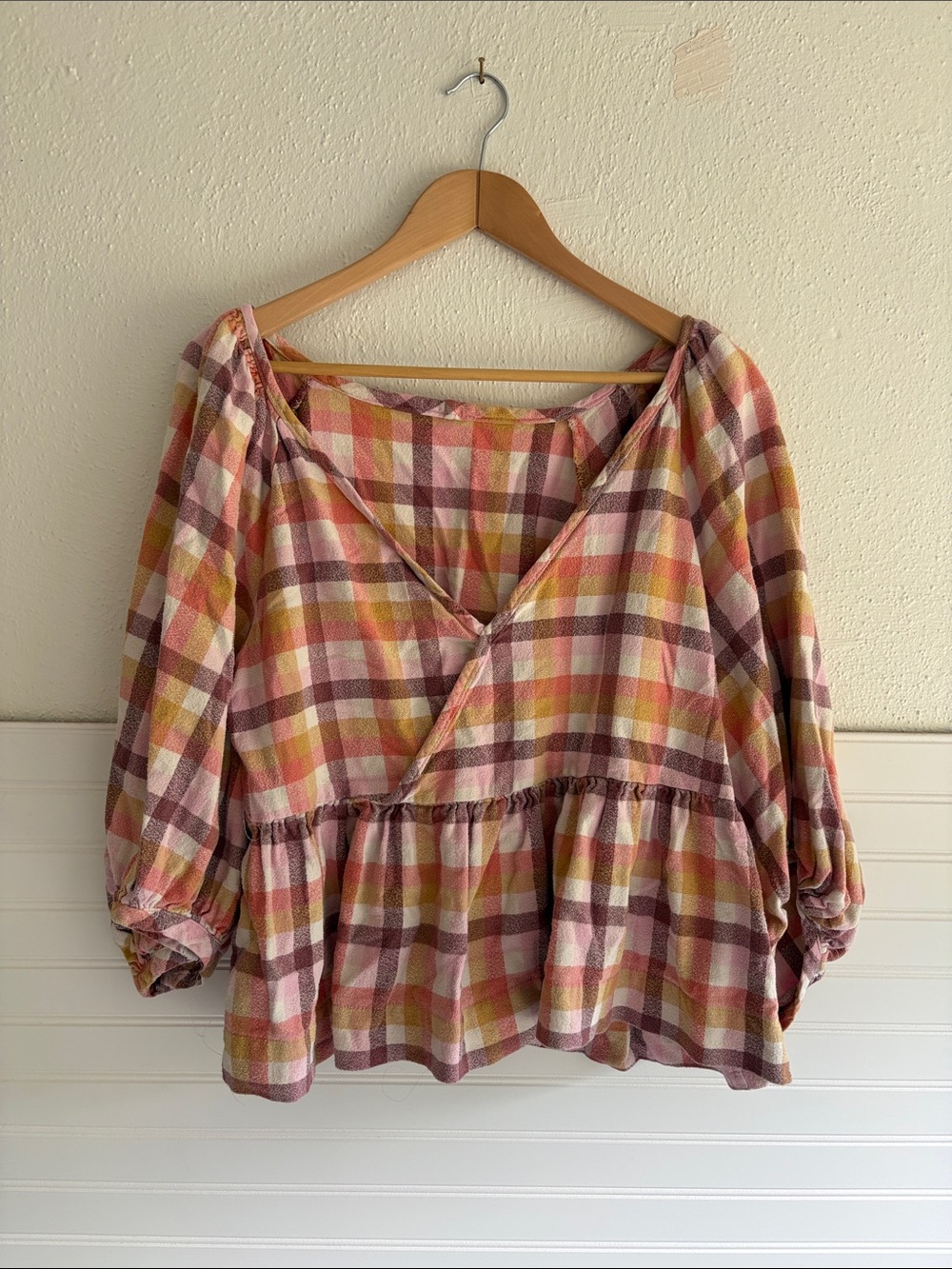Plaid Wrap-Front Peasant Blouse in Pink and Mustard